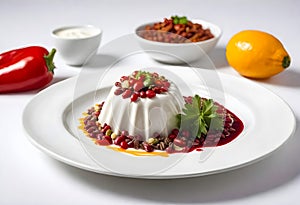 a plate of mexican food, chile en nogada surrounded by ingredients on white background