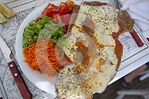 plate of Milanese with cheese and tomato, carrot and lettuce