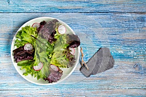 Plate with mixed fresh green salad with radish and empty slate sign, top view