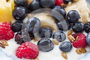 Plate of mixed fruits with yogurt