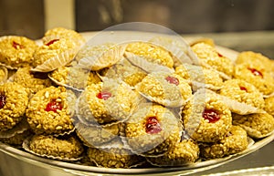 A plate of Morocco pastry with almond and honeyed berries