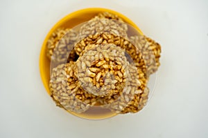 A plate of Murmura Murai Ladoo Puffed Rice in Jaggery Balls Maghe Makar Sankranti Festival