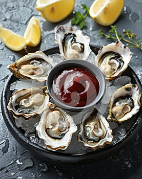 Plate of Oysters With Ketchup and Lemon Wedges