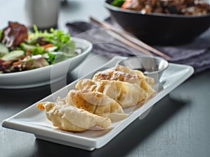 Plate of pan fried gyoza dumplings with soy sauce