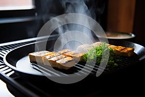 a plate of pan-grilled tofu with steam rising