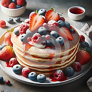 A plate of pancakes with blueberries, rasherries, strawberries and icing on top