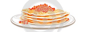 Plate with pancakes and red caviar on white background. Side view. Flat illustration for web