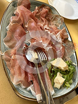 Plate of Parma Ham Prosciutto and Parmigiano Reggiano Cheese Appetizer in Italy photo