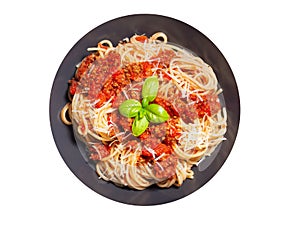 Plate of pasta bolognese on white background, top view