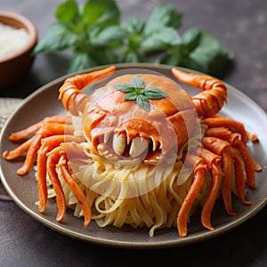 Surreal Crab Dish: Spaghetti Pot With Realistic Cheese Carving photo