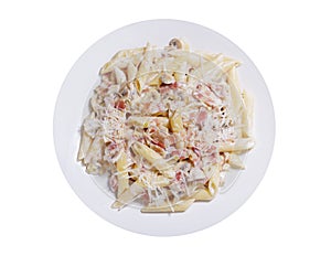 Plate of pasta with ham and mushrooms isolated on white background
