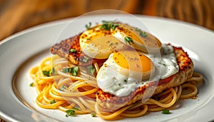 Plate of pasta with meat and eggs on top