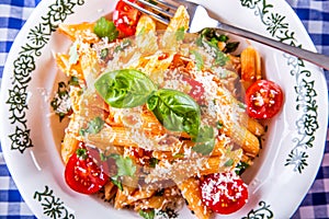 Plate with pasta pene Bolognese sauce cherry tomatoes parsley top and basil leaves on checkered blue tablecloth.