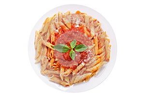 plate of pasta with tomato sauce isolated on white background