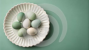 A plate of pastel colored eggs on a green background