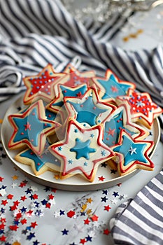 A plate of patriotic cookies with stars and stripes on them, 4th july, independence day celebration