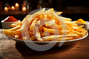 Plate of perfection, French fries tempt on a rustic wooden surface