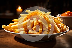 Plate of perfection, French fries tempt on a rustic wooden surface