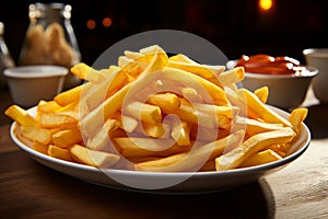 Plate of perfection, French fries tempt on a rustic wooden surface photo