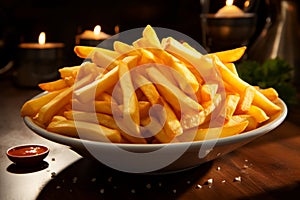 Plate of perfection, French fries tempt on a rustic wooden surface photo