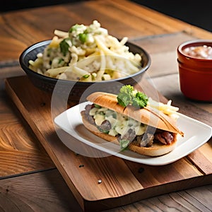 A plate of philly cheese steak with some Dutch potato salad