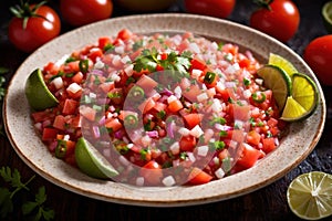 Plate of pico de gallo salsa, vegetarian salad sauce cuisine dish photo