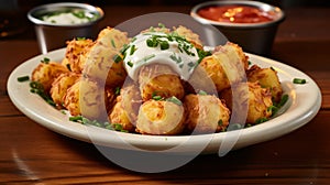 Plate piled with cheesy tater tots photo