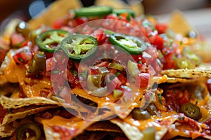 A plate piled with nachos smothered in melted cheese and topped with peppers and jalapenos, A messy pile of nachos covered in