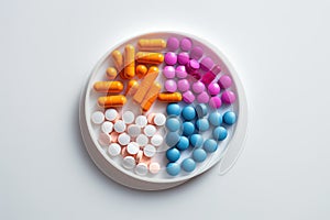 Plate of Pills With the Word Vitamin, A Healthful Boost in a Tablet, Stethoscope with pile of colorful antibiotic capsule pills on