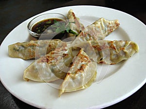 Plate of potstickers in restaurant
