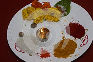 Plate for prayer with indian lamp