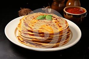 Plate presentation favorite breakfast dish, paratha, canai, or roti Maryam
