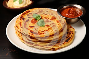 Plate presentation favorite breakfast dish, paratha, canai, or roti Maryam