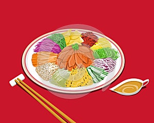 A plate of prosperity salad or Yu Sheng with sauce on red background.