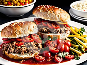 A plate of pulled pork sandwiches with coleslaw and pickles.