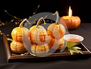 A plate of pumpkin cakes and pumpkin lanterns