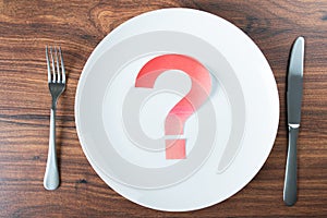 Plate with a question mark on desk