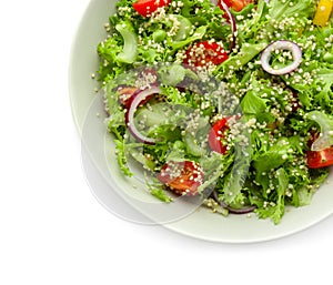 Plate with quinoa salad on white background, closeup