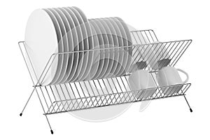 Plate rack with tableware isolated on white