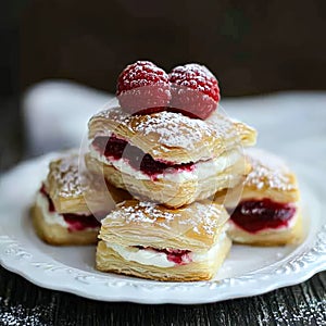 Plate of raspberry filled pastries with powdered sugar on top photo