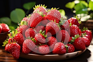 Plate of red strawberries on a wooden table