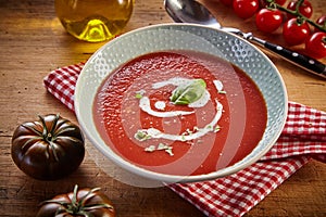 Plate of red tomato cream soup