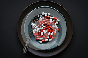 Plate with red-white capsules and cutlery on dark grey background.