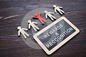 Plate with Rewards and recognition words and employee figures.