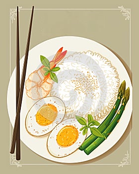 A plate of rice with shrimps, asparagus and egg Illustration