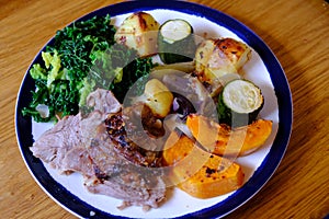 A plate with roast lamb and other vegetables
