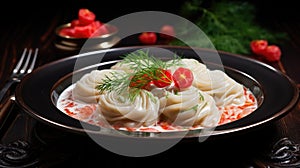 A plate of russian dumplings with sauce and garnishes, AI