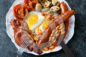 Plate of rustic full english breakfast