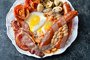 Plate of rustic full english breakfast