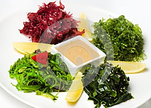 Plate with salad Chuka Seaweed with lemon and peanut sauce